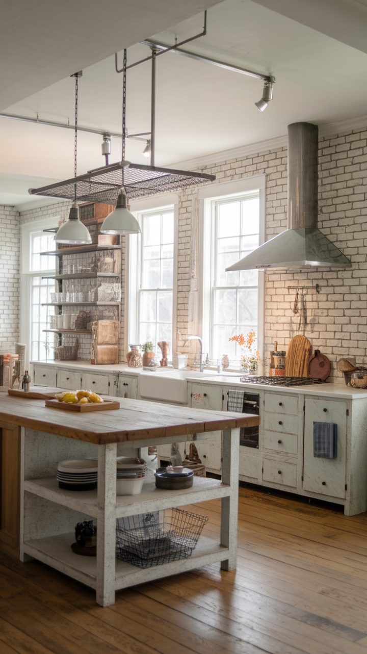 Where industrial grit meets farmhouse grace. This open-concept kitchen is a masterclass in modern rustic design. A large, weathered wood island anchors the space, its functionality enhanced by a mix of vintage and modern cookware. Exposed brick, whitewashed cabinets, and steel accents create a dynamic interplay of textures and tones, while carefully curated vintage pieces add a touch of charming imperfection. The result? A kitchen that's both stylish and incredibly livable.