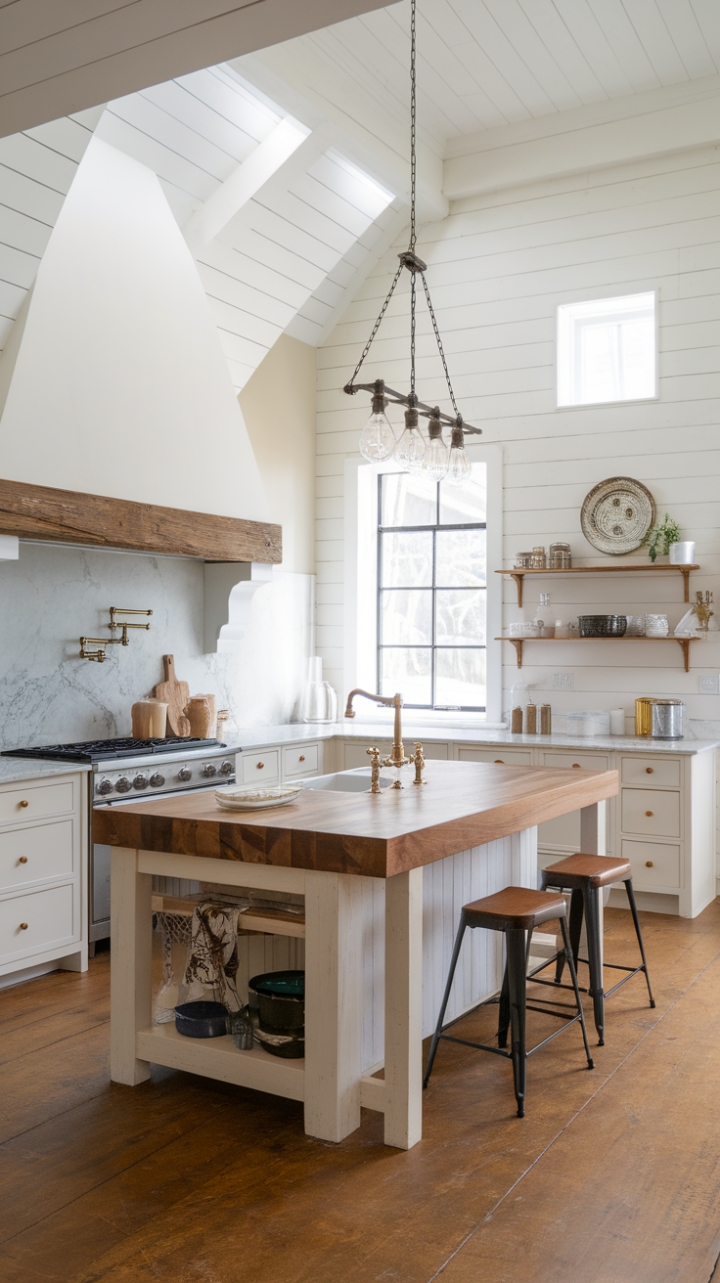 Sun-drenched and spacious, this contemporary farmhouse kitchen is a study in refined rusticity. White walls and warm wood floors provide a neutral backdrop for a show-stopping butcher block island, its brass faucet gleaming under a stunning vintage pendant light. Every detail, from the marble countertops to the thoughtfully placed pot rack, speaks to a curated aesthetic that's both stylish and incredibly functional.