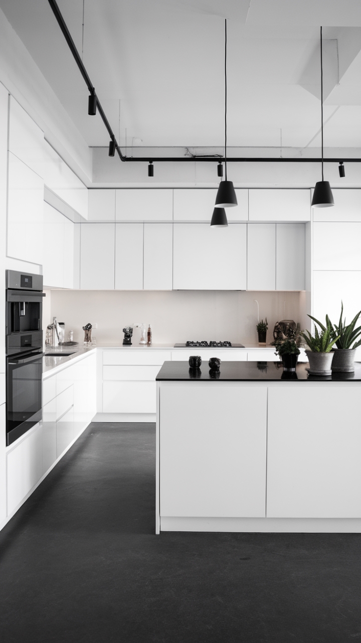 This stunning contemporary kitchen embodies the essence of minimalist design, showcasing a harmonious blend of sleek white cabinetry and cutting-edge appliances that create a serene atmosphere. The open-concept layout invites a sense of spaciousness, centered around a striking island topped with a bold black countertop, adorned with a few carefully placed potted plants that add a touch of life. Black pendant lights gracefully hang above, casting a warm glow over the space, while the dark grey concrete flooring grounds the design, providing a perfect contrast that enhances the kitchen's modern aesthetic.
