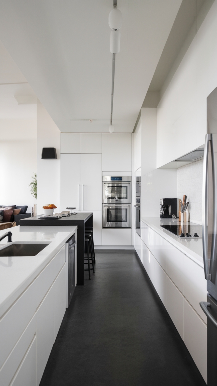 This stunning contemporary kitchen embodies the essence of minimalist design, showcasing a seamless blend of functionality and style. The pristine white cabinetry and sleek quartz countertops create a bright and airy atmosphere, while the striking black island serves as a bold centerpiece, complete with a chic black sink and stylish stools for casual dining. The open-concept layout invites natural light to flow through, connecting the kitchen to a cozy breakfast nook and a modern living space, making it the perfect hub for both culinary creativity and social gatherings. With state-of-the-art stainless steel appliances and a sophisticated monochrome palette, this kitchen is a true testament to modern elegance.