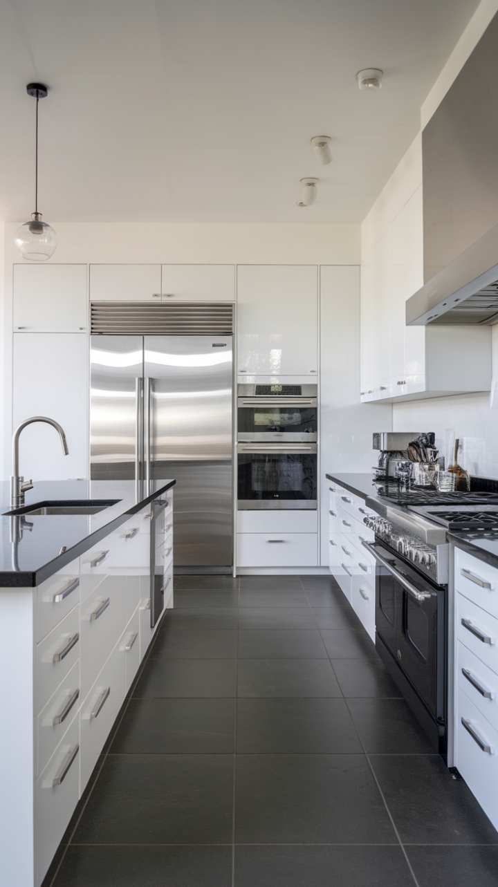 Imagine crafting culinary masterpieces in this breathtaking open-concept kitchen. The pristine white cabinetry and monochrome appliances exude a sense of refined simplicity, while the dark gray tiled floor grounds the space with a touch of unexpected drama. The substantial black island, a statement piece in itself, offers ample workspace and a stylish focal point. This is more than just a kitchen; it's a sanctuary of modern design.