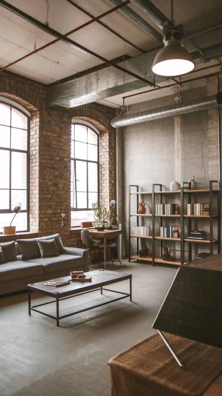 This contemporary industrial living room exudes urban sophistication with its striking blend of raw materials and minimalist design. The exposed brick walls serve as a bold backdrop, while the sleek metal and warm wood furniture create a harmonious balance of textures. A plush sofa invites relaxation, complemented by a chic coffee table that anchors the space, and a stylish bookshelf that showcases curated decor. Industrial lighting fixtures cast a warm glow, enhancing the open concept layout and making this inviting retreat a perfect blend of style and comfort.