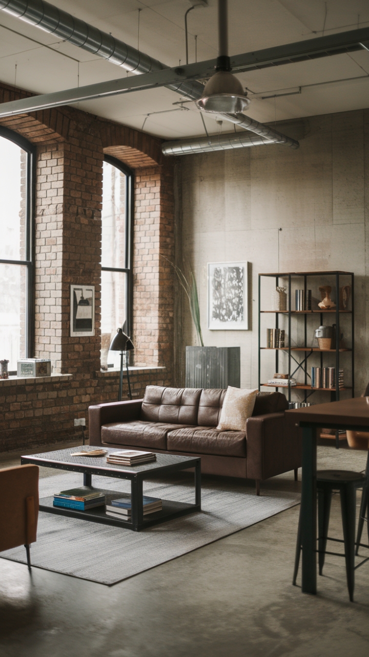 With its chic industrial aesthetic, this living room captures the essence of urban style, showcasing a harmonious fusion of exposed brick and polished metal. The open layout invites a sense of freedom, where a cozy sofa and a contemporary coffee table create an inviting focal point. The concrete floor adds an edgy touch, while carefully selected artworks breathe life into the space, making it a vibrant haven for both relaxation and inspiration.