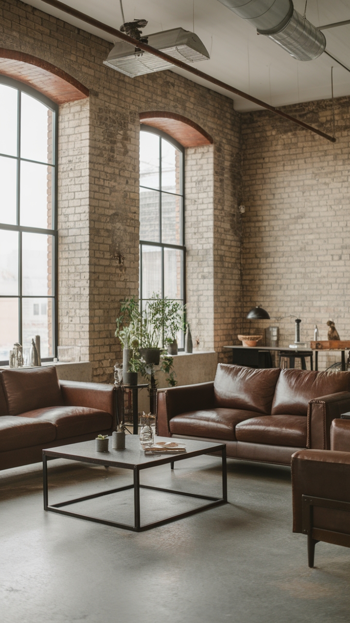Embracing the essence of urban living, this contemporary industrial living room showcases a perfect fusion of style and functionality. The exposed brick walls and concrete flooring create a raw yet inviting atmosphere, while the carefully curated metal and wood furniture pieces add a touch of sophistication. With industrial lighting fixtures illuminating the space, the minimalist design allows for a seamless flow, making it an ideal retreat for both relaxation and entertaining. A cozy sofa, paired with a sleek coffee table and a charming side table, is beautifully accented by a lively plant, bringing a hint of greenery into this stylish urban oasis.
