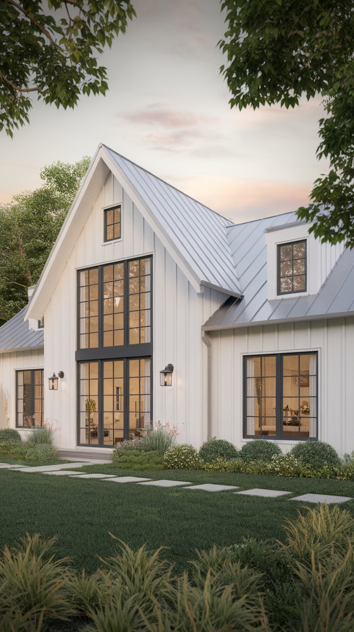 Where modern minimalism meets rustic charm. This contemporary farmhouse, a study in clean lines and natural light, boasts a striking white exterior punctuated by sleek black accents. The dramatic roofline and expansive windows frame breathtaking views of the verdant landscape, promising an idyllic retreat.