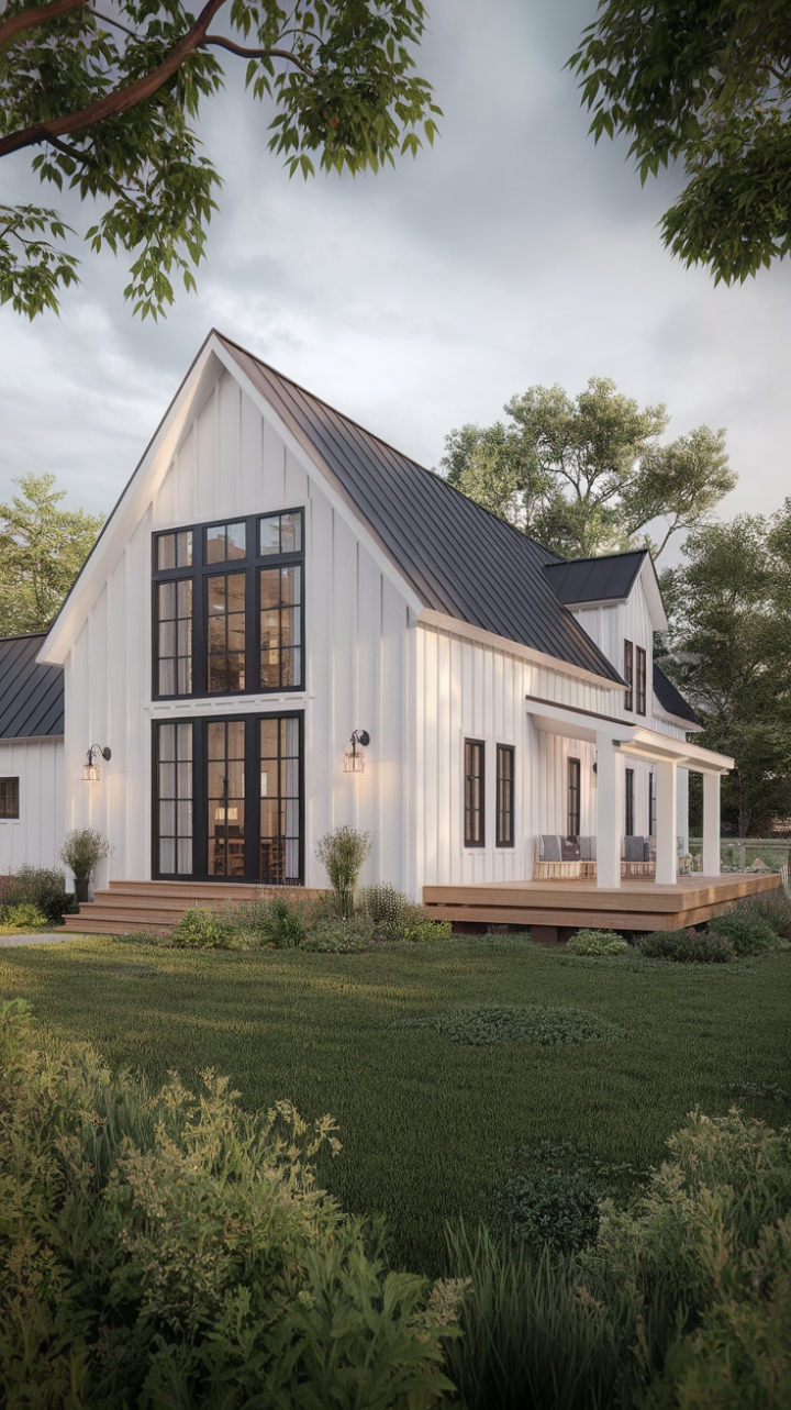 Imagine waking up to this view: a serene sanctuary where clean lines and natural textures intertwine. This stunning contemporary farmhouse boasts a sophisticated simplicity, its white façade punctuated by dark accents and large windows that welcome the outdoors in. The expansive deck beckons, promising relaxation amidst the lush greenery.