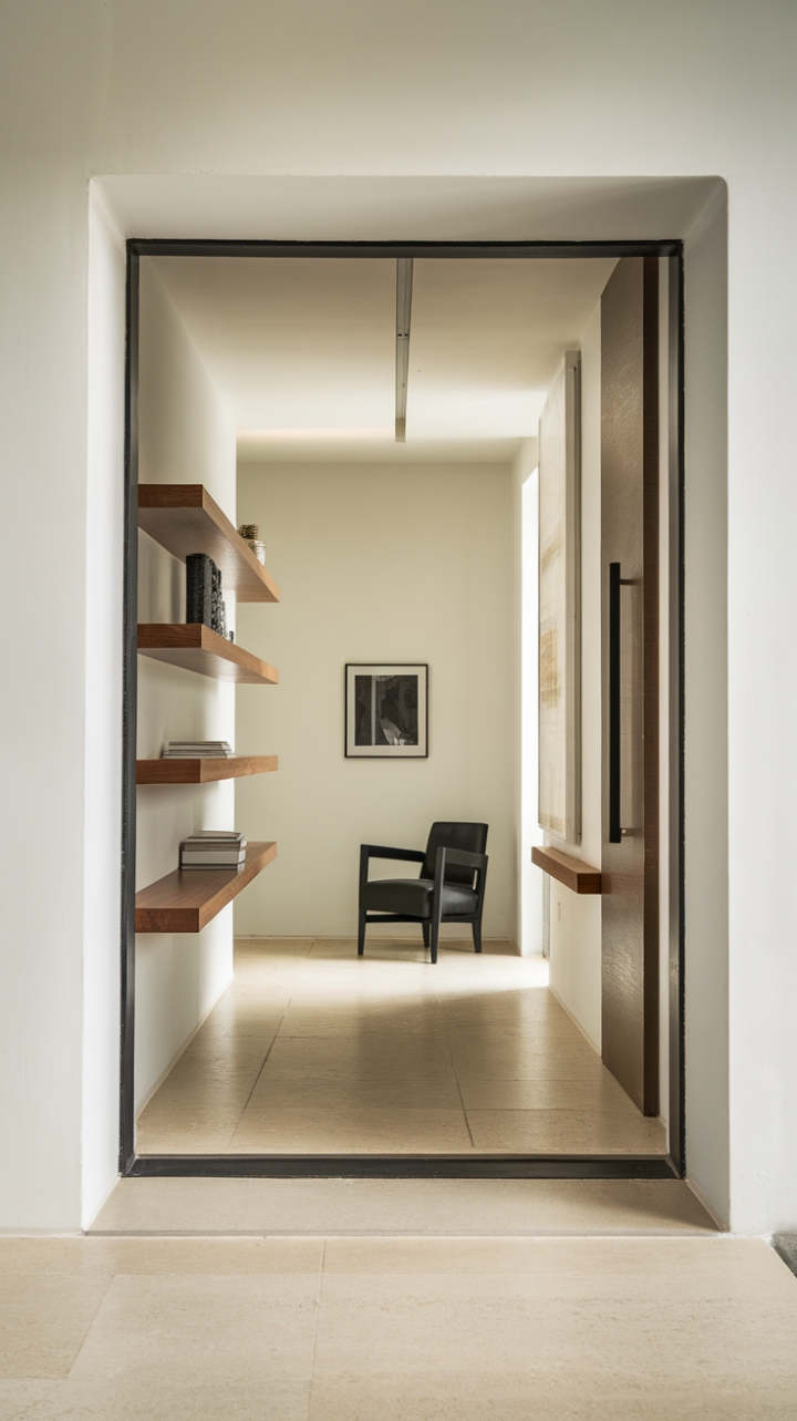 A study in understated elegance, this hallway's minimalist design is anything but boring. Sleek lines, neutral tones, and carefully curated details-like the stylish black chair and subtly textured wooden shelving-transform a simple entryway into a design masterpiece.