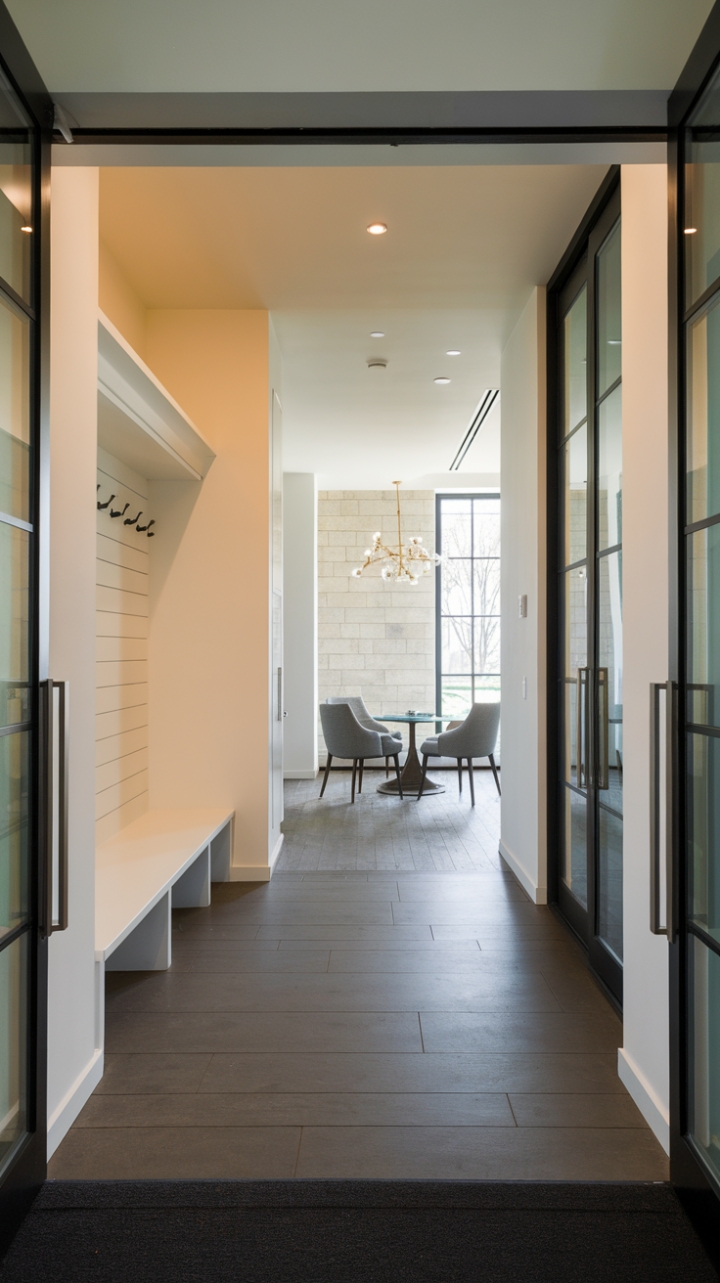 Experience the epitome of minimalist modernism. This stunning foyer boasts a seamless blend of form and function. A stylish vestibule flows into a bright, airy hallway, anchored by a sophisticated reception area and a practical yet beautiful mudroom. The interplay of white walls and dark gray tiles creates a dramatic yet welcoming atmosphere, perfect for setting the tone for the home beyond.
