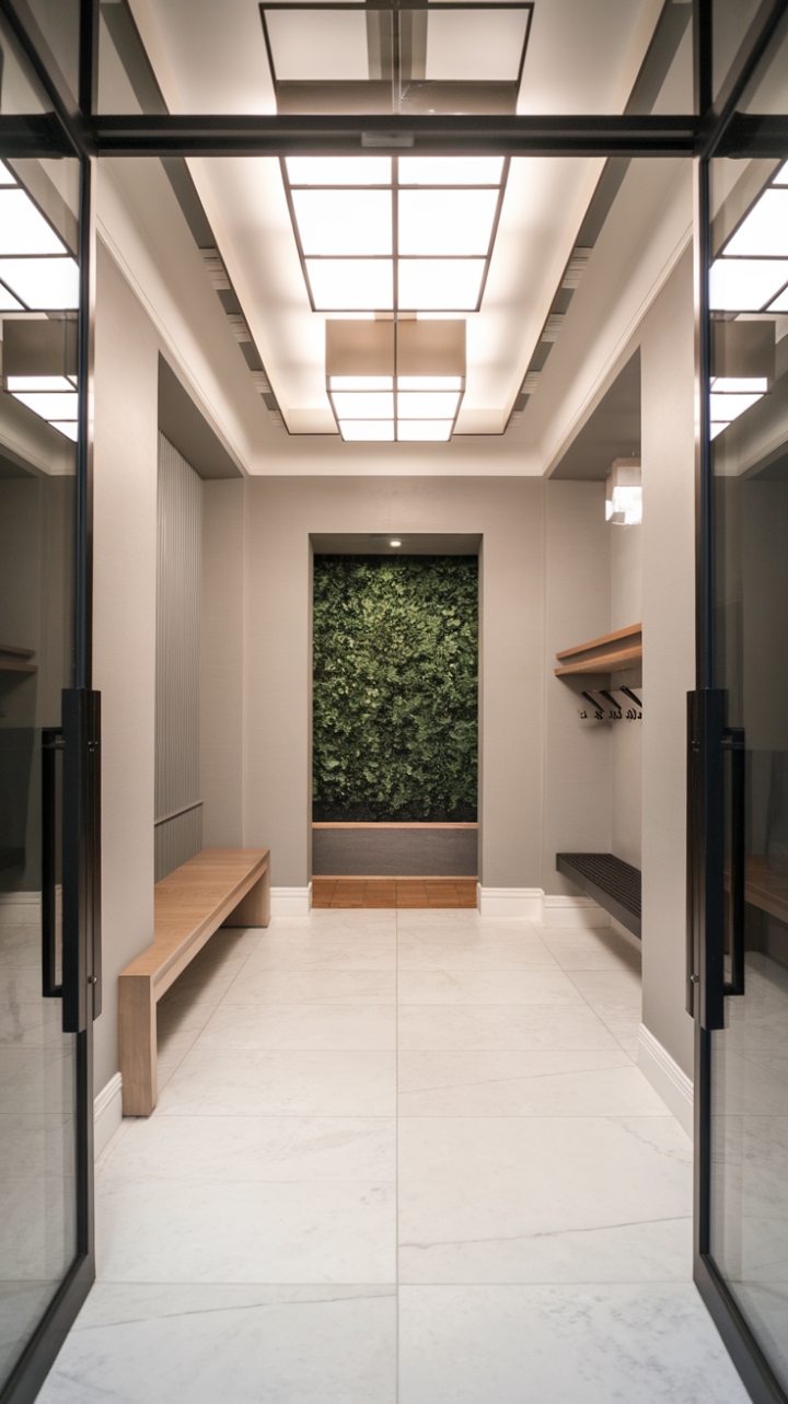 This contemporary foyer exudes sophistication with its minimalist hallway design, featuring a stylish vestibule that welcomes guests with a sleek entrance. The light grey walls create a serene backdrop, while the pristine white marble tiles add a touch of luxury underfoot. A trendy reception area showcases a warm wooden bench paired with a vibrant green plant, infusing the space with life. The modern ceiling, adorned with rectangular light fixtures, casts a soft glow, enhancing the chic ambiance. A thoughtfully designed mudroom completes the look, featuring a wall-mounted shelf and a practical coat rack, making this urban retreat both functional and fashionable.