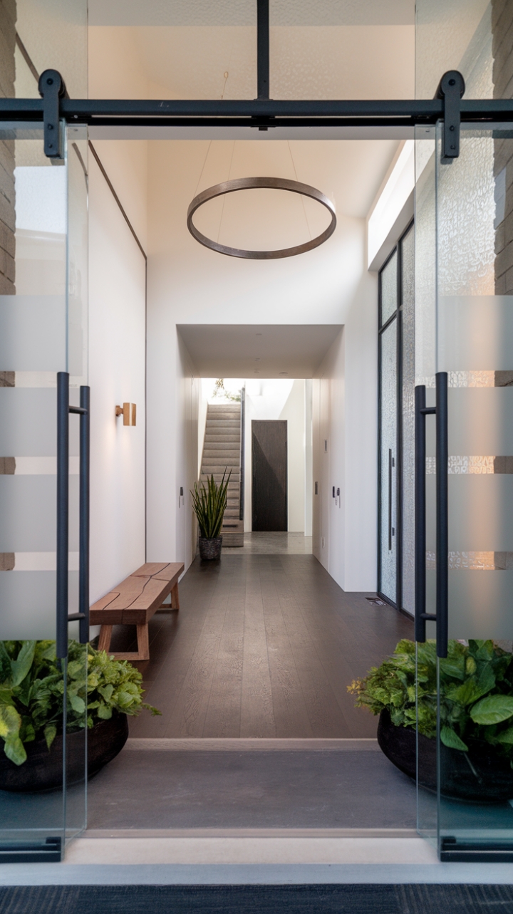 This contemporary foyer exudes a chic minimalism that invites tranquility and style. The pristine white walls serve as a stunning backdrop for a striking circular metal light fixture, casting a warm glow over the space. A sleek wooden bench offers a perfect spot for a moment of pause, while the rich dark wood planks underfoot add depth and warmth. Lush potted plants in the vestibule bring a touch of nature indoors, harmonizing beautifully with the modern aesthetic. The glass door, adorned with a frosted pattern, provides an elegant entrance that seamlessly connects the interior to the outside world.