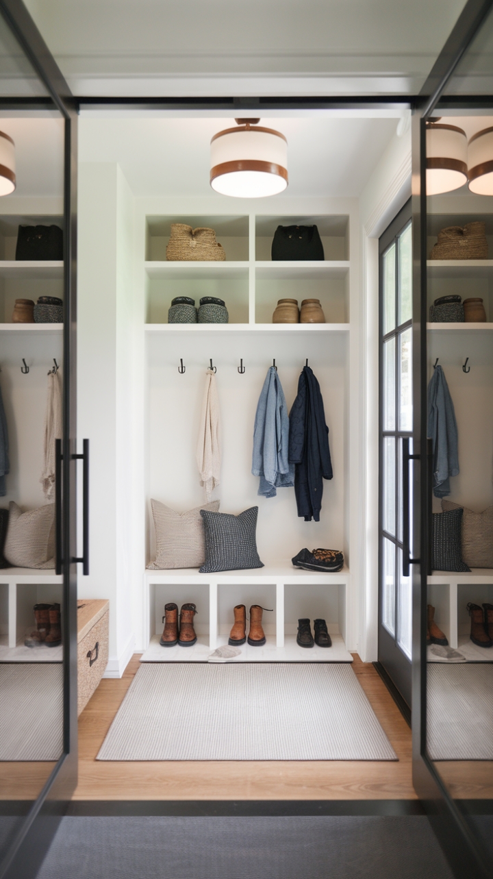 This contemporary entryway exudes sophistication with its minimalist design and sleek lines, creating an inviting atmosphere that sets the tone for the rest of the home. The stylish mudroom features a modern vestibule that seamlessly blends functionality with aesthetic appeal, while the carefully curated decor adds a touch of elegance to the hallway, making it a perfect introduction to a refined living space.