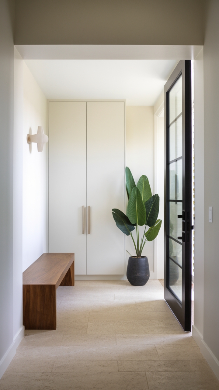 Unveiling a sanctuary of understated elegance: This contemporary entryway, bathed in natural light and boasting a minimalist aesthetic, seamlessly blends functionality with style. A wooden bench offers a welcoming respite, while a verdant plant adds a touch of life to the pristine white walls and beige tile flooring. The perfect fusion of form and function for the modern home.