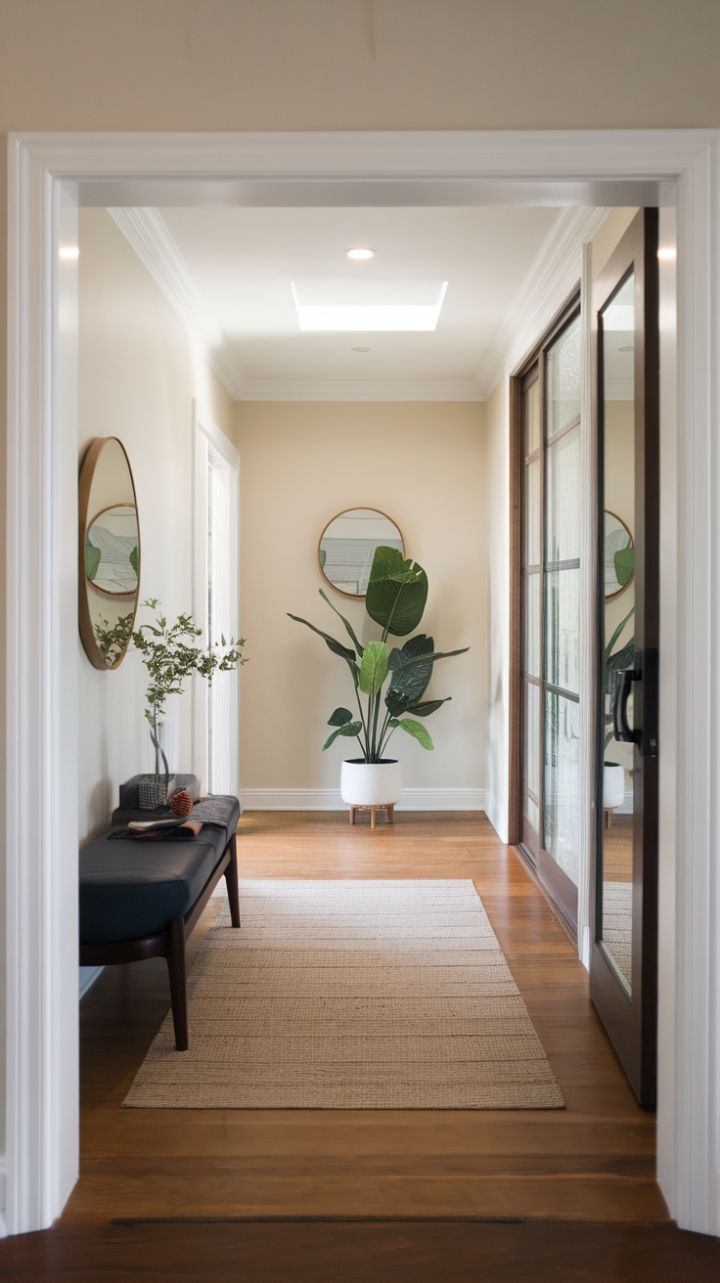 Modern living redefined: This sleek and stylish foyer seamlessly blends form and function. The thoughtfully designed mudroom offers practical storage, while the vestibule acts as a chic transition point to the minimalist hallway. A touch of greenery and a reflective mirror add warmth and dimension to the neutral palette, creating an inviting and sophisticated entrance that's both beautiful and functional.