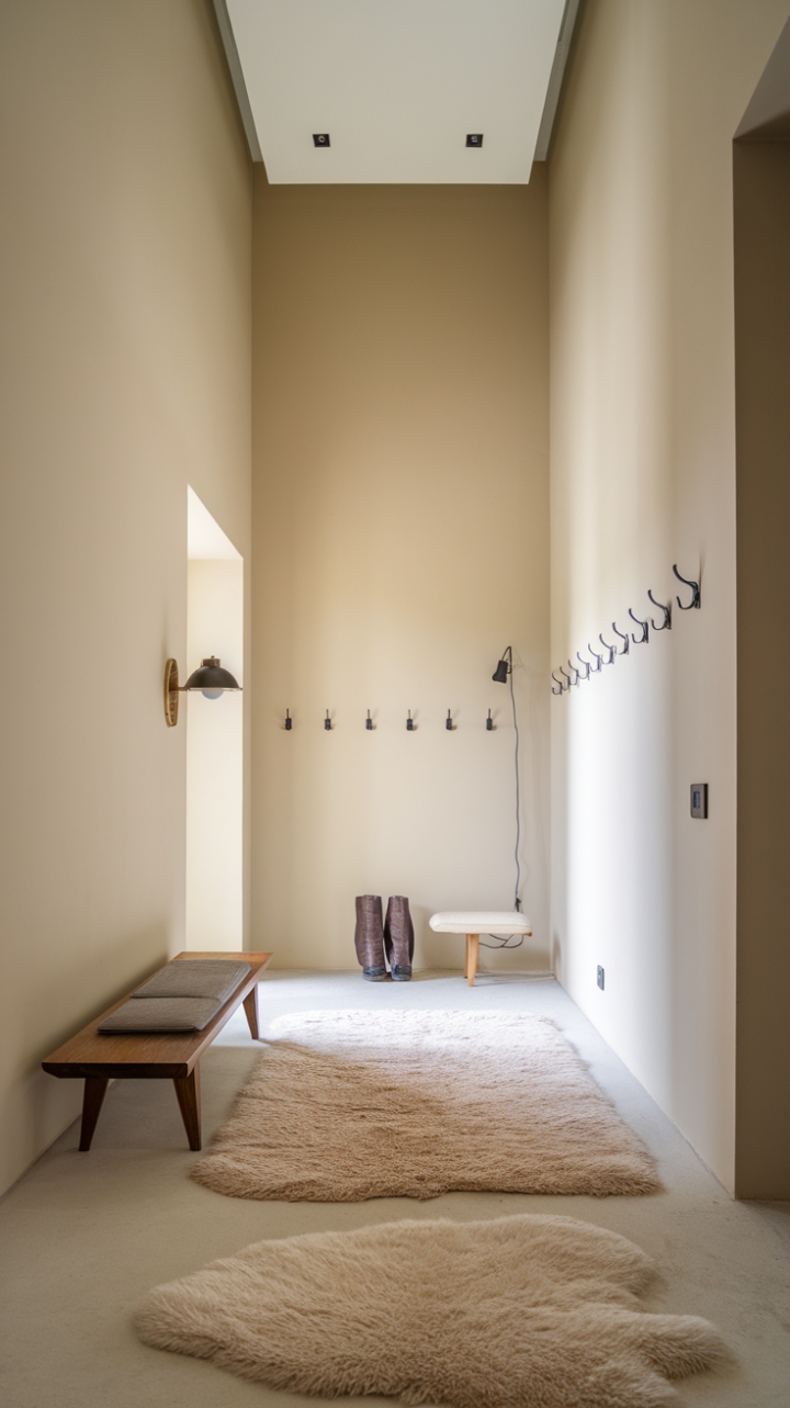 The minimalist allure of this modern foyer captivates with its clean lines and understated elegance. A beautifully crafted wooden bench rests against the wall, complemented by a sleek wall-mounted lamp that provides both light and style. The soft, fluffy white rug underfoot invites comfort, while the beige walls, adorned with practical coat hooks, maintain a sense of order and simplicity. With high ceilings and recessed lighting, this space feels open and inviting, making it the perfect introduction to a home that values both beauty and functionality.