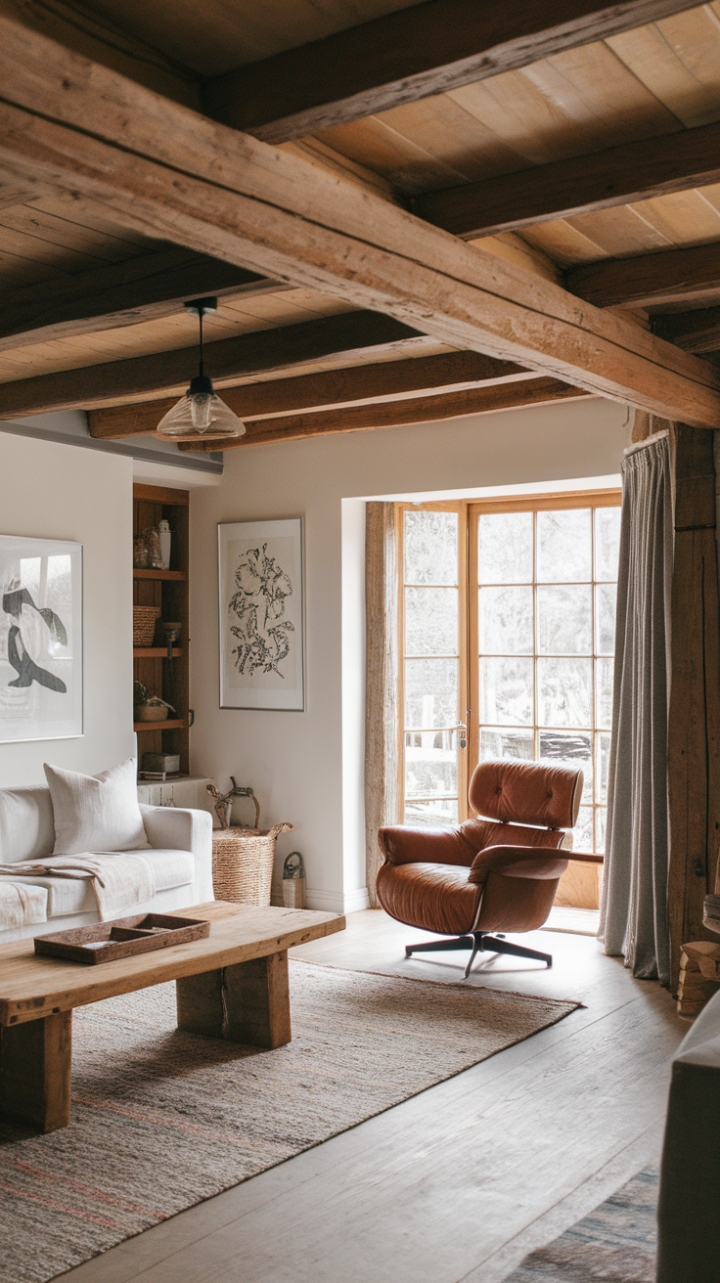 Rustic charm meets modern minimalism in this captivating cottage living room. Exposed wooden beams, a plush white sofa, and a rich leather armchair create a cozy haven, while the minimalist aesthetic keeps the space feeling bright and airy. The perfect blend of country style and contemporary design.