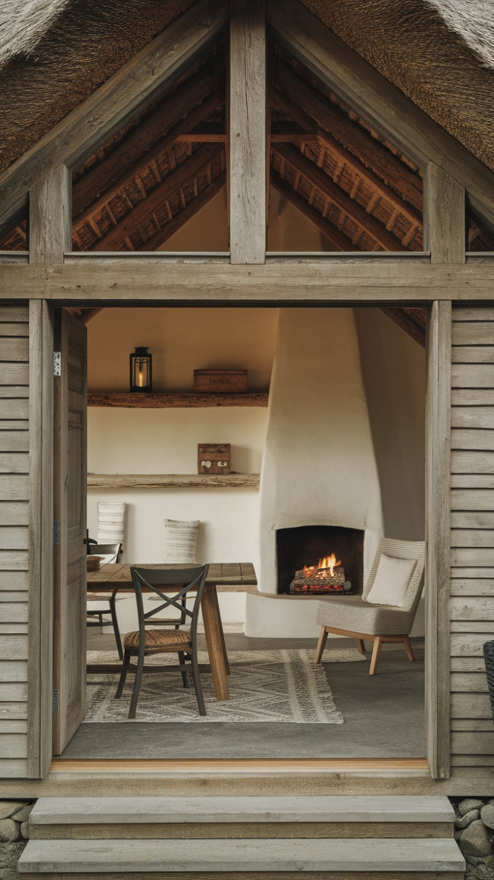 Escape to tranquility in this contemporary cottage, where rustic charm meets minimalist design. The warmth of a crackling fireplace, the cozy embrace of a wooden chair, and the simple elegance of handcrafted furnishings create a haven of peace and comfort. Every detail, from the thatched roof to the patterned rug, whispers of a life lived simply and beautifully.