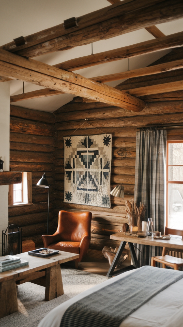 Nestled in the heart of nature, this modern rustic cottage exudes a warm and inviting charm that perfectly marries contemporary design with country style. The rough-hewn log walls and exposed wooden beams create a cozy ambiance, while the minimalist furniture-like the sleek leather chair by the crackling fireplace-invites relaxation. A wooden table adorned with carefully chosen decor pieces adds a touch of personality, and the quilt hanging above the bed serves as a nostalgic nod to traditional craftsmanship, making this retreat a serene haven for those seeking solace in simplicity.