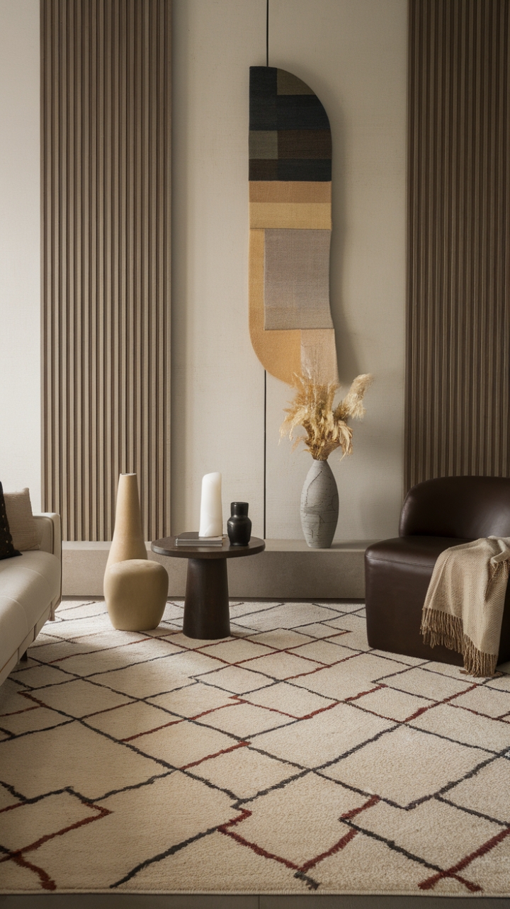 A stunning fusion of modern elegance and cozy charm, this living room captivates with its plush area rug and striking minimalist design. The trendy rug pattern serves as a focal point, harmonizing beautifully with the carefully curated home accessories that adorn the space, making it a perfect retreat for relaxation and style.