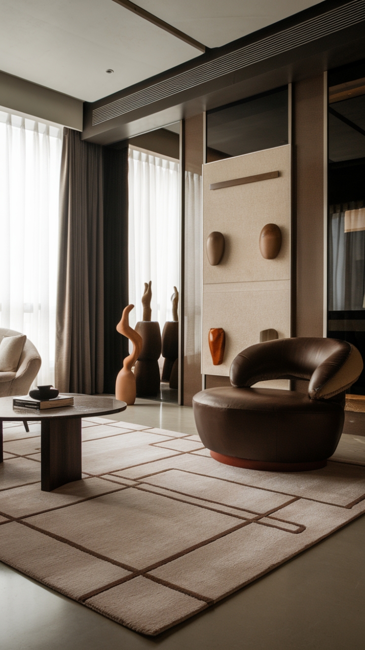 Modern living redefined: This stylish space boasts a sophisticated color palette and a plush area rug that grounds the minimalist aesthetic. The carefully curated accessories complete the look, creating a haven of contemporary cool.