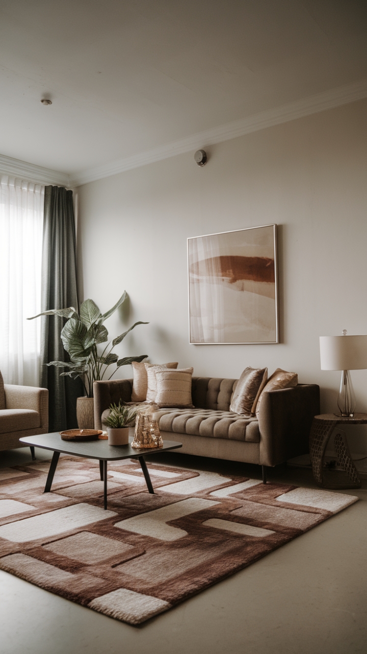Clean lines and bold textures converge in this breathtaking contemporary living room. A statement rug grounds the space, its trendy design adding a touch of unexpected drama to the minimalist aesthetic. Sophistication redefined.