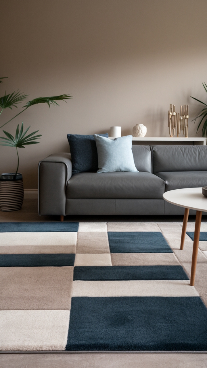 Cool, calm, and collected. This living room's serene palette of beige walls and a stylish blue, white, and beige rug sets a tranquil mood. Modern lines and carefully curated accessories complete the look, creating a haven of sophisticated simplicity.