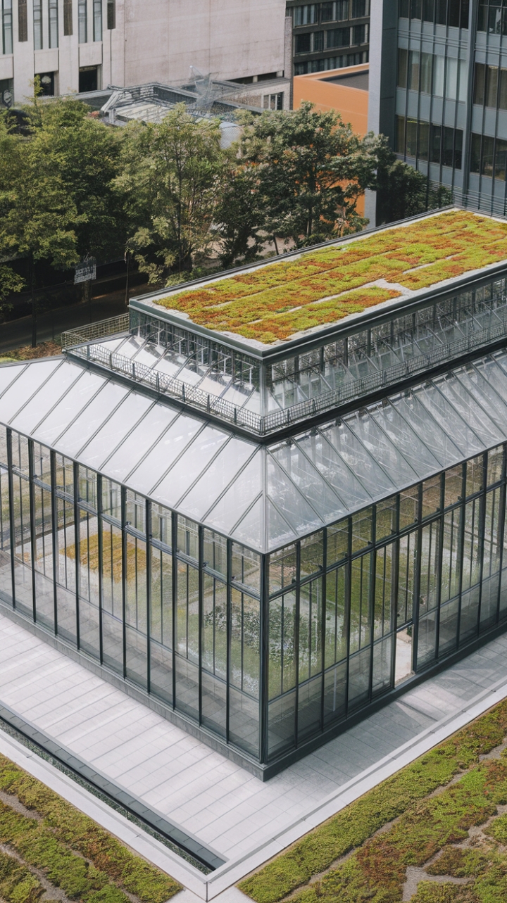 This contemporary greenhouse stands as a testament to modern architecture, featuring a stunning glass structure that harmonizes with its urban surroundings. The vibrant green roof, adorned with flourishing plants, adds a refreshing touch of nature, while the clean lines and minimalist aesthetic create a sophisticated allure. Set against a backdrop of city buildings, this innovative space invites a seamless integration of greenery into everyday life, offering a serene escape from the hustle and bustle of the metropolis.