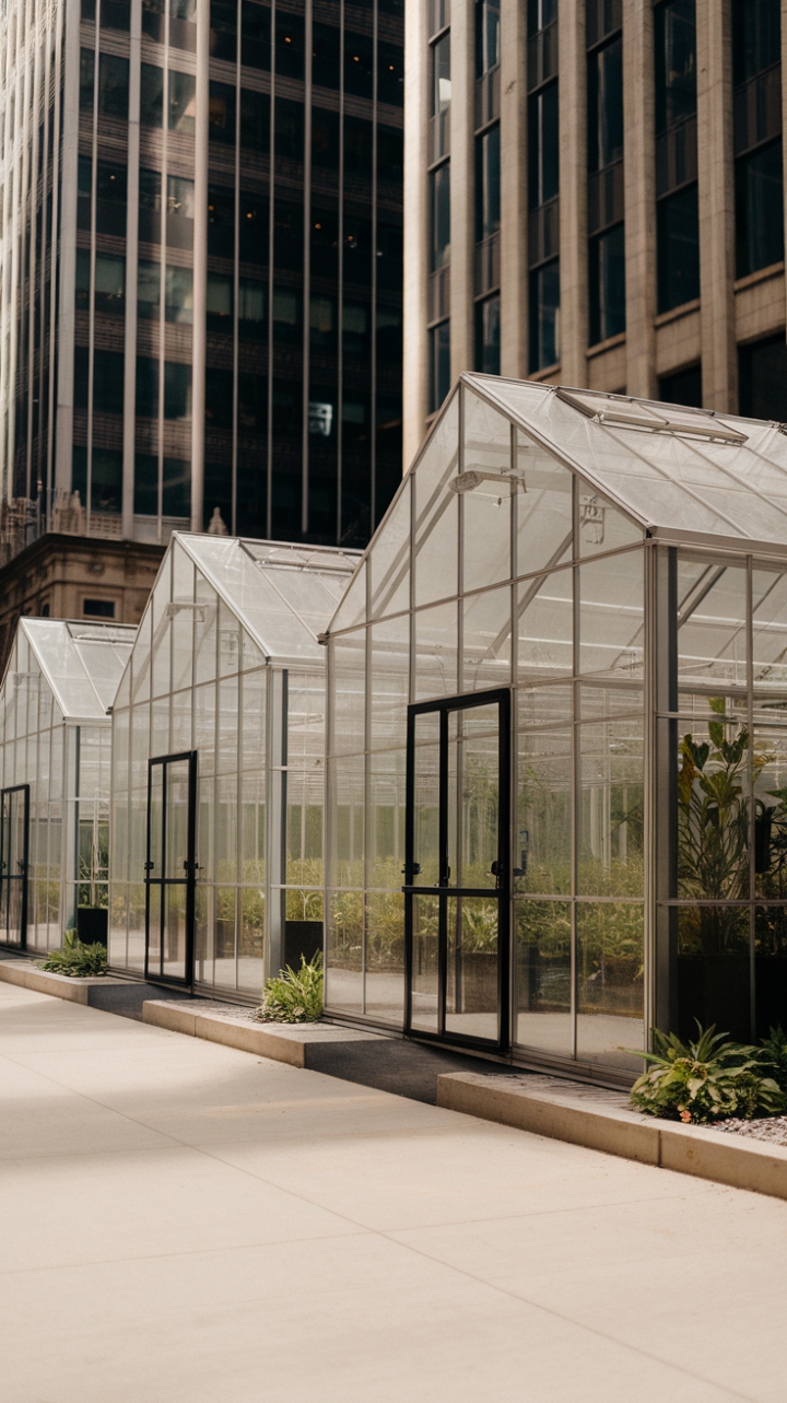 Urban oasis redefined: sun-drenched minimalist greenhouses punctuate a concrete landscape, their sleek glass facades reflecting the towering cityscape. A touch of nature reclaims the urban sprawl.