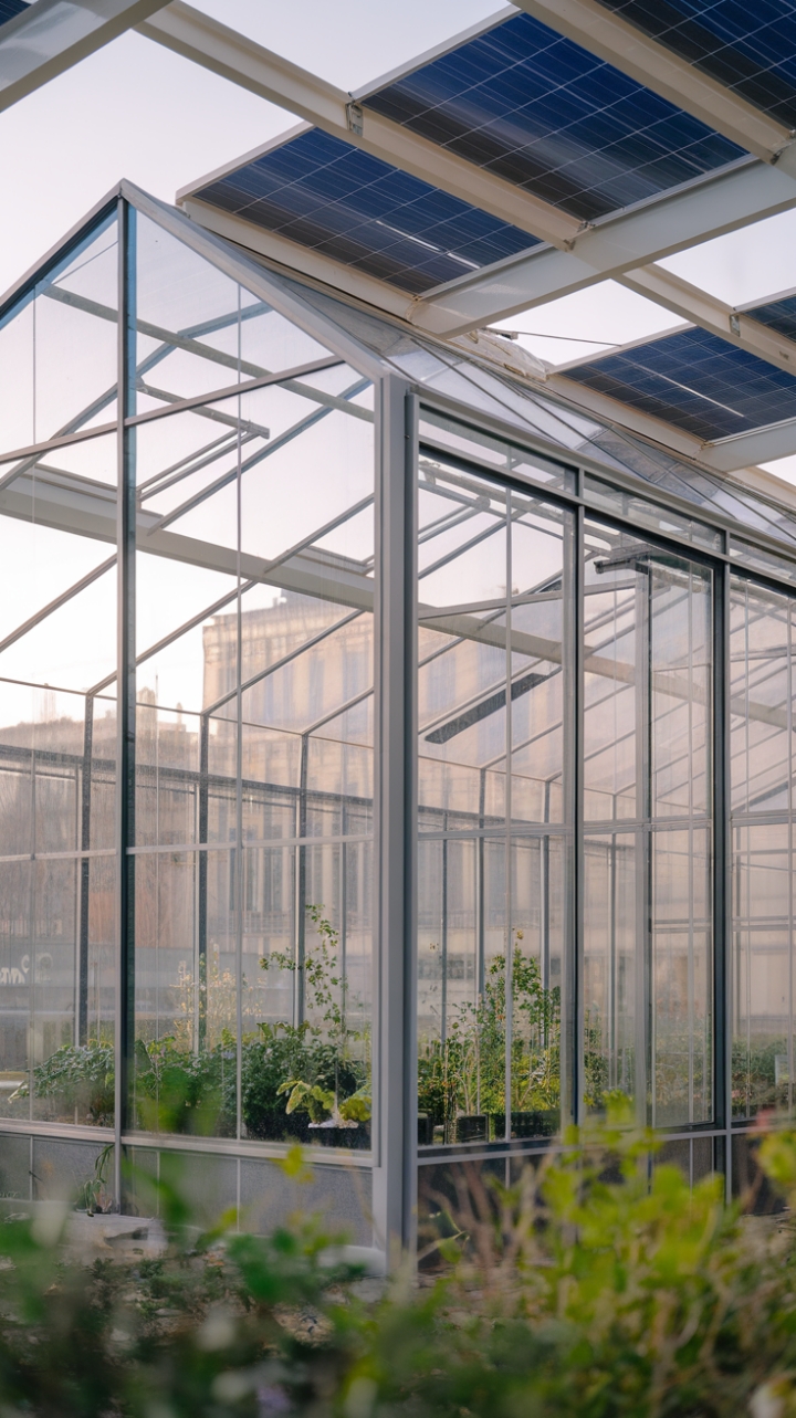 In the heart of the bustling city, this modern sustainable greenhouse stands as a beacon of innovation and eco-conscious design. Its sleek glass panels and minimalist metal frame create a striking contrast against the urban backdrop, while the gently curved roof adorned with skylights invites natural light to dance among the lush greenery inside. Solar panels atop the structure not only enhance its sustainability but also symbolize a harmonious blend of nature and technology, making this greenhouse a stunning oasis for urban dwellers seeking a breath of fresh air amidst the concrete jungle.