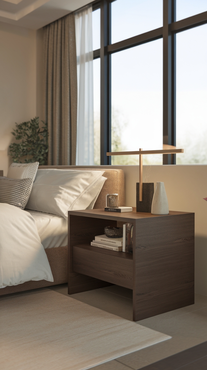 Unwind in urban serenity. This minimalist nightstand, a study in sleek wood and clean lines, anchors a modern bedroom haven. The soft glow of the bedside lamp and the subtle texture of the throw pillows create a sanctuary of calm. The perfect blend of form and function for the contemporary dweller.