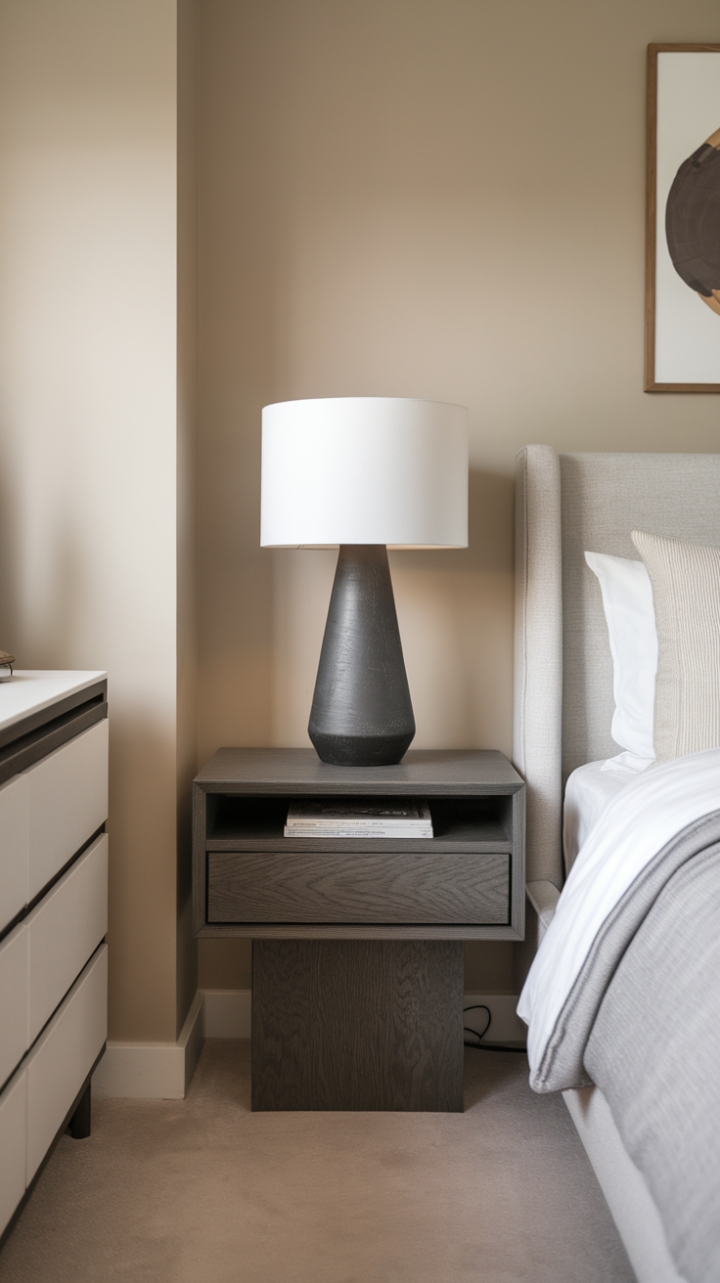 Modern minimalism meets cozy comfort. A sleek dark wood nightstand, featuring clean lines and a single drawer, anchors this serene bedroom. The soft gray bedding and warm lighting create a space that's both stylish and inviting, a perfect blend of form and function.