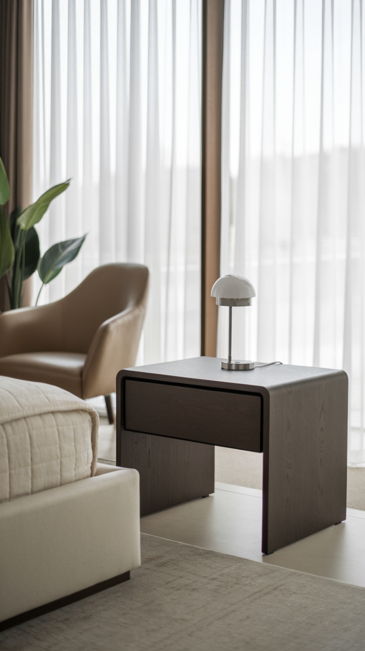 The sleek dark wood nightstand stands as a stylish accent in this modern bedroom, perfectly complementing the plush beige bed. With its minimalist design featuring a single drawer and a smooth flat surface, it showcases a delicate white lamp that casts a warm glow. A cozy beige chair nearby invites you to unwind, while the thoughtfully curated personal items add character to the space. Bathed in natural light from the expansive window draped in airy white curtains, the room is further enlivened by a lush potted plant, creating an inviting retreat that balances comfort and contemporary elegance.