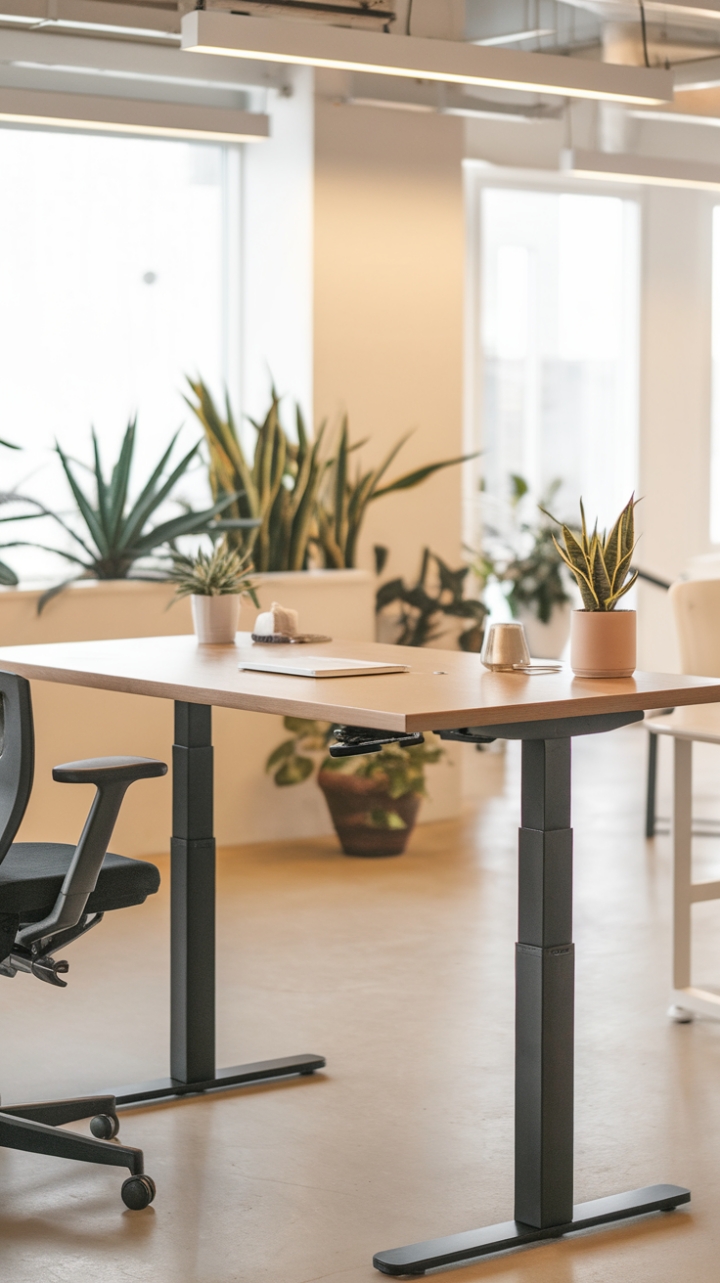 A harmonious blend of functionality and style, this modern workspace showcases a sleek adjustable height desk with a rich wooden top, perfectly positioned in a minimalist office environment. The uncluttered backdrop emphasizes clarity and focus, while a few carefully curated plants add a touch of nature. Soft, warm lighting envelops the area, fostering a cozy ambiance that encourages both creativity and concentration.