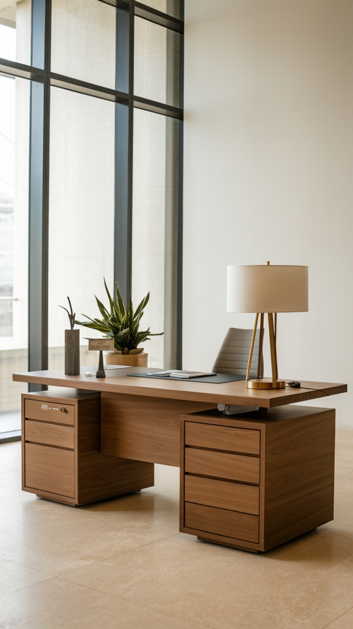 The minimalist office desk stands as a testament to modern design, featuring a warm wooden surface that invites focus and clarity. Accented by a chic lamp, a solitary pen, and a lush plant, this workspace is both functional and aesthetically pleasing. The spacious room, illuminated by generous natural light from large windows, boasts a crisp white wall that emphasizes the desk's sleek silhouette, while the soothing beige tiles underfoot provide a calming backdrop, making it the perfect environment for inspiration and innovation.