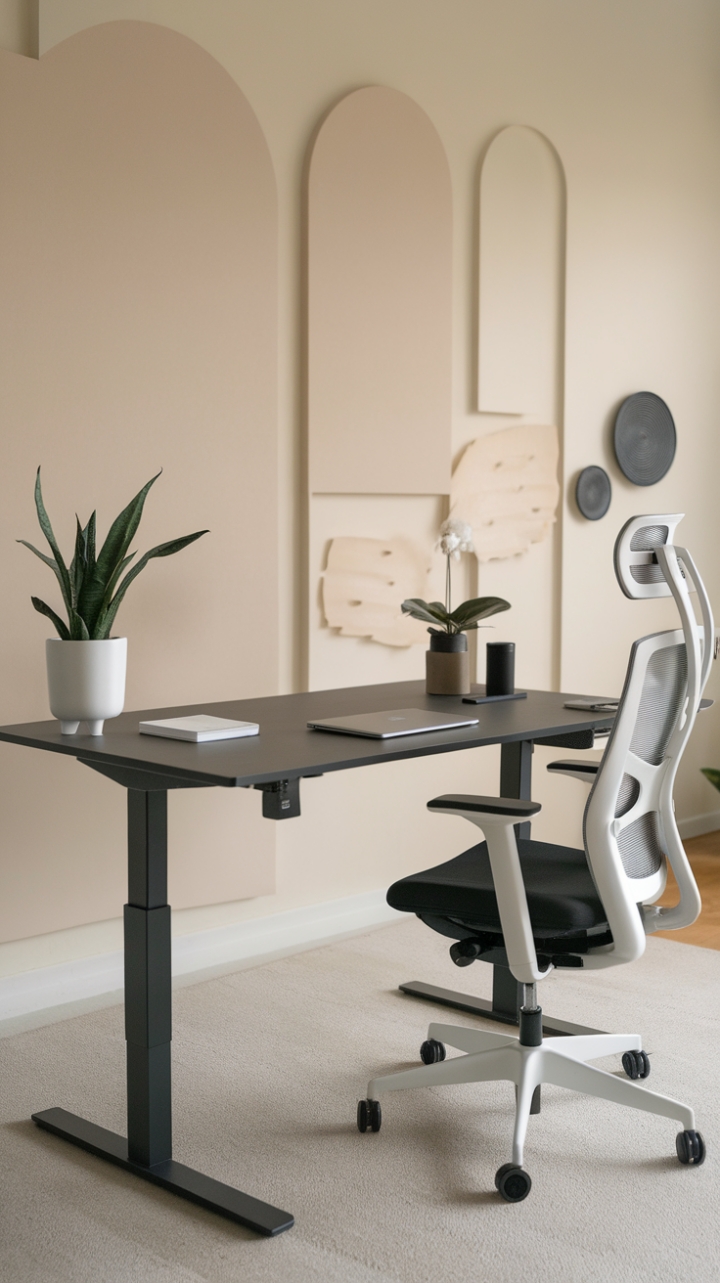 Unwind in sophisticated simplicity. This contemporary workspace, anchored by a sleek, adjustable grey desk, seamlessly blends style and ergonomic comfort. The minimalist aesthetic, punctuated by pops of white and black, creates a haven of calm productivity.