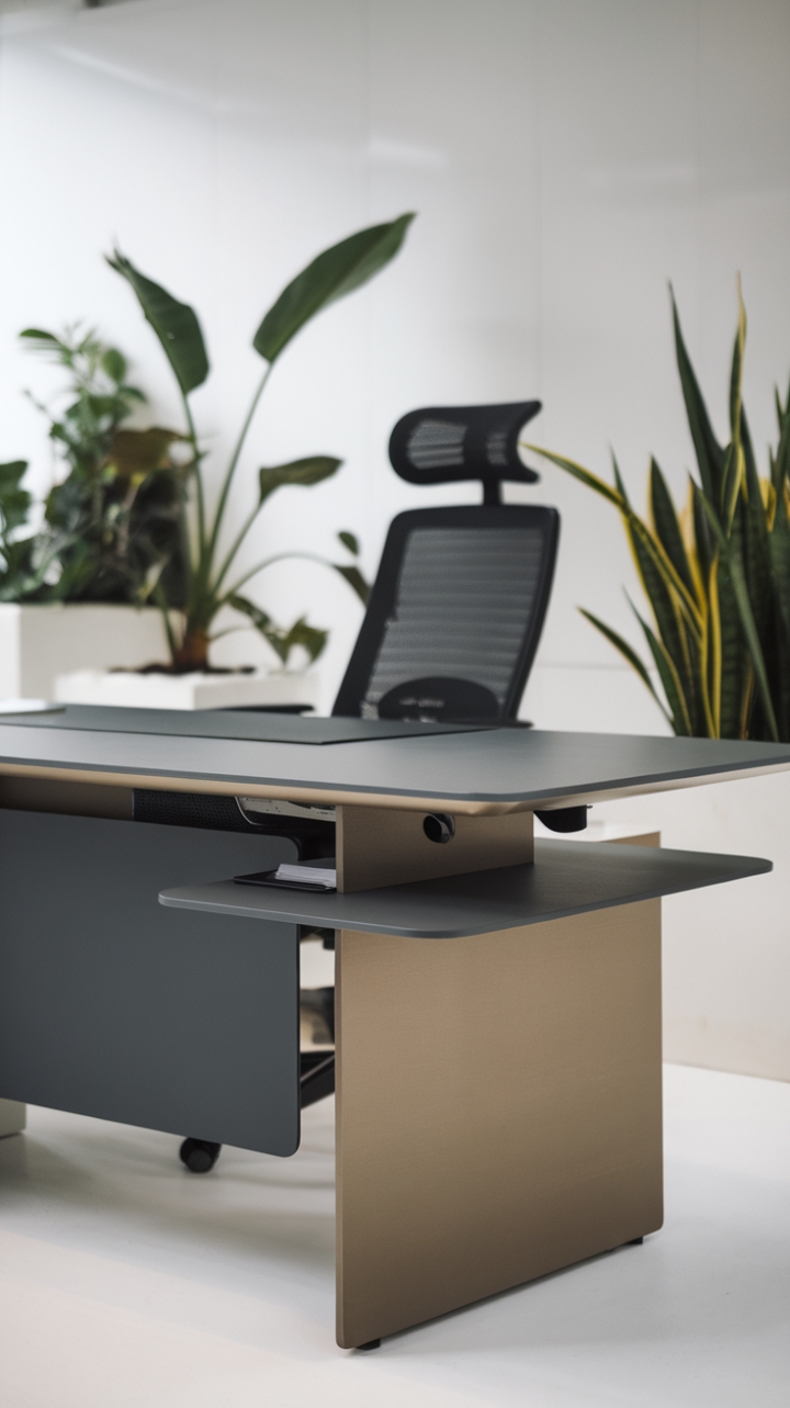 The epitome of modern minimalism, this office desk features a striking dark gray surface that commands attention while maintaining an air of simplicity. Designed with a built-in shelf and a discreet cable management hole, it offers both practicality and elegance, making it an ideal centerpiece for any workspace. Paired with a stylish black chair boasting a curved backrest, the setup promotes comfort and concentration. The crisp white background, punctuated by a few lush potted plants, enhances the overall ambiance, fostering a clean and professional environment that inspires creativity.