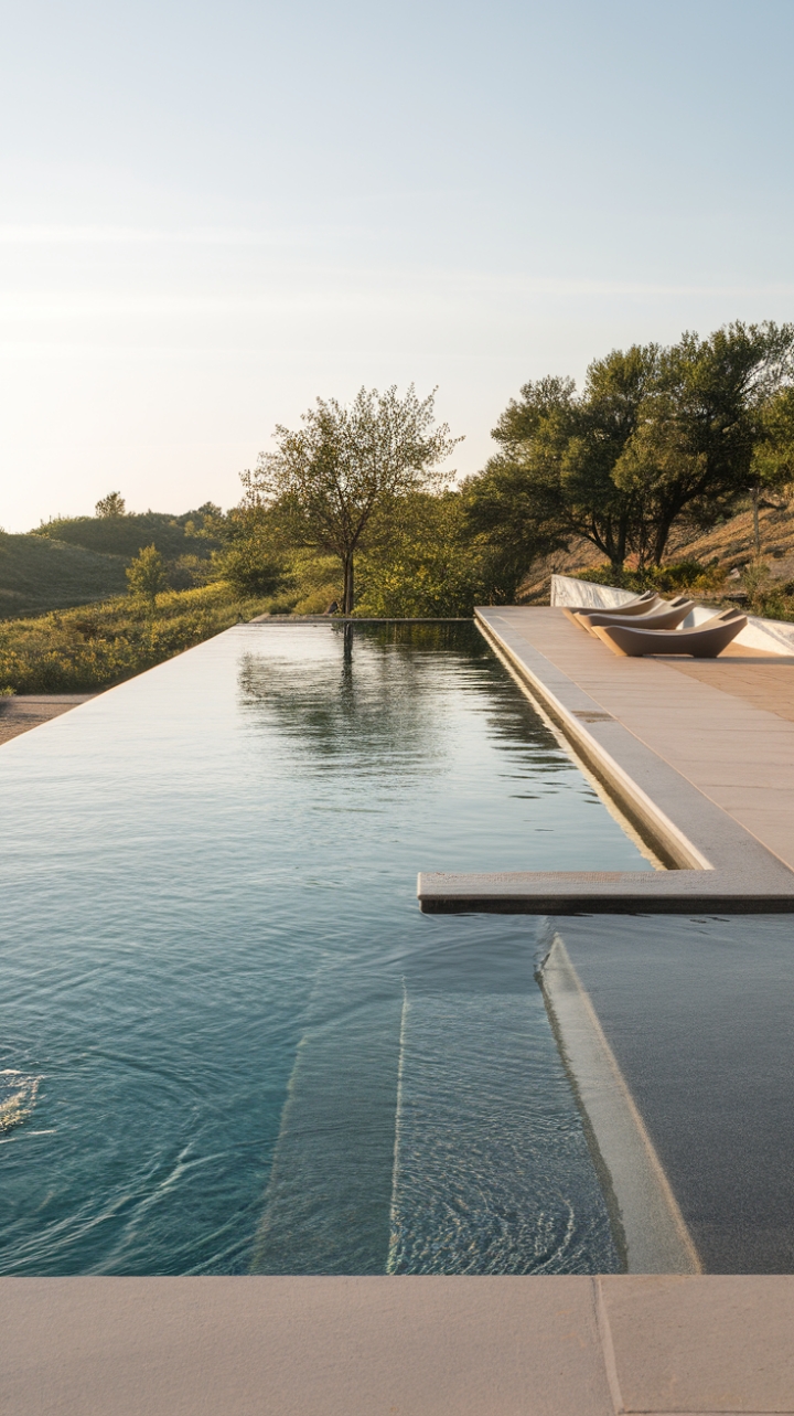 Indulge in the serenity of this minimalist poolside haven. The infinity edge melts seamlessly into the vibrant landscape, while smooth stones and sleek lounge chairs invite ultimate relaxation. A sanctuary of calm, crafted for the modern aesthete.