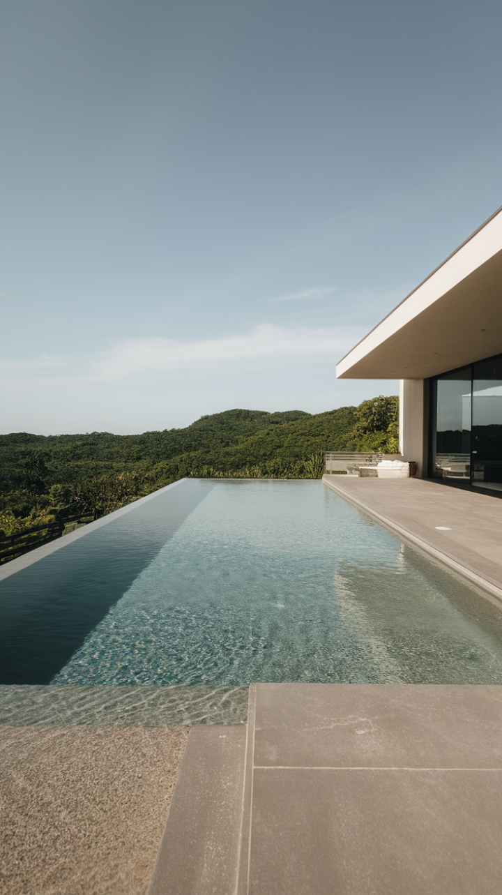 Where the pool meets the sky, a sanctuary of serenity unfolds. This minimalist masterpiece, with its seamless blend of beige water and gray deck, offers an unparalleled escape. The lush green hills form a breathtaking backdrop to this modern architectural marvel, promising tranquility and sophisticated luxury. Dive into a world of calm.