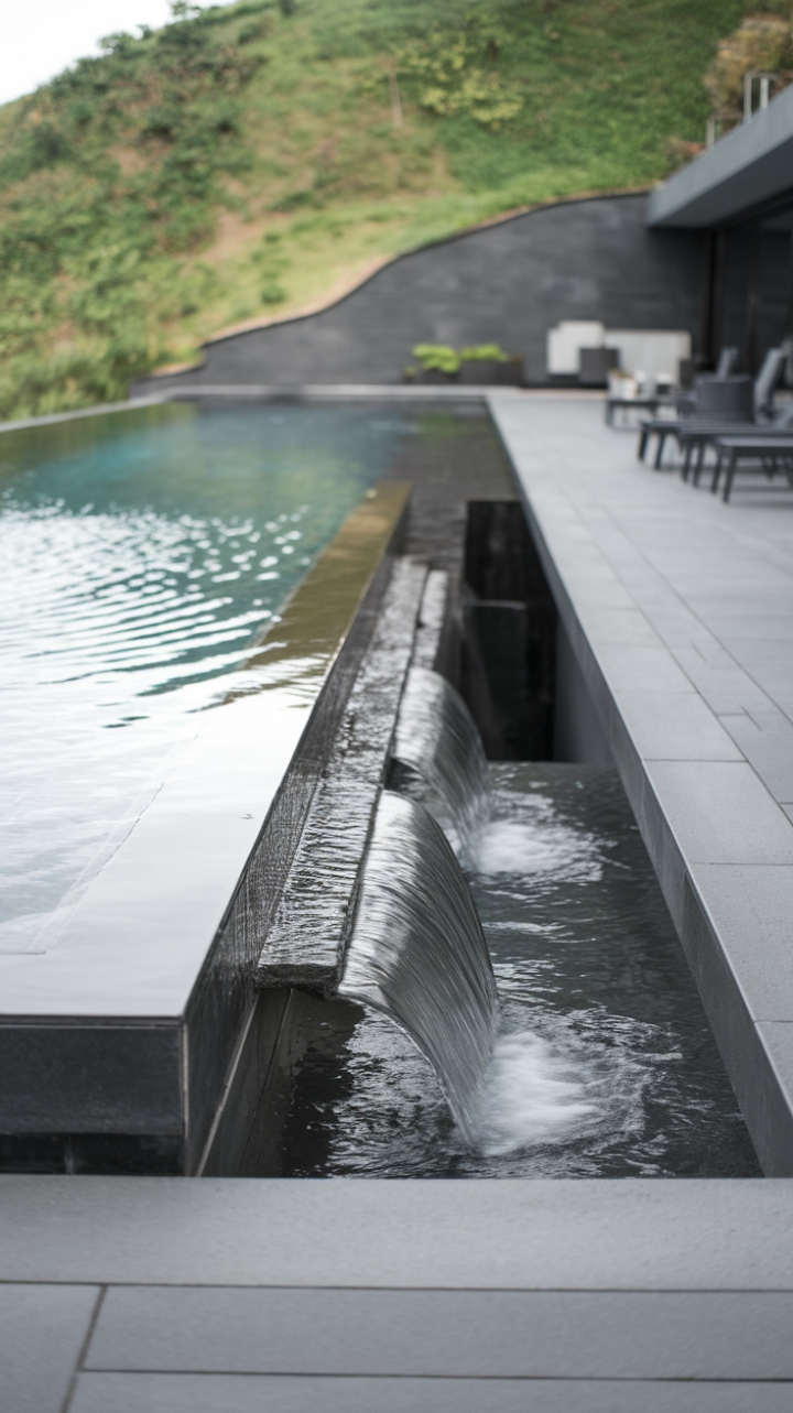 This stunning outdoor infinity pool embodies the essence of contemporary luxury, where minimalist design harmonizes with the surrounding landscape. With its clean edges and seamless integration into the terrain, the water cascades gently over the brink, creating a captivating visual that invites tranquility. The grey-tiled patio, adorned with a few stylish chairs, offers a perfect spot to unwind while soaking in the breathtaking views of the lush green hill that serves as a picturesque backdrop. The serene atmosphere and refined elegance make this space an idyllic escape for relaxation and rejuvenation.
