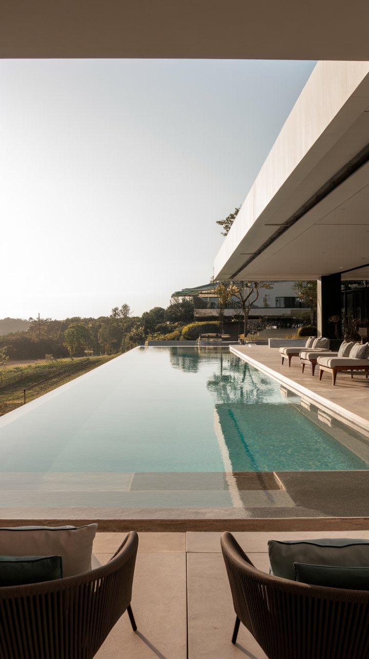 Dive into tranquility. This modern masterpiece of a pool offers an unparalleled escape, its clean lines and crystal-clear waters reflecting the beauty of the surrounding landscape. Designer decking and comfortable seating create the ultimate outdoor oasis.