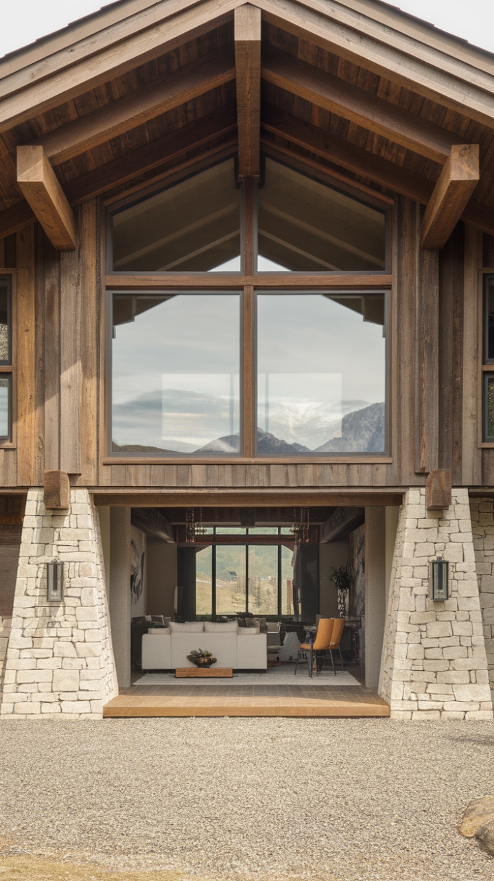 Escape to the tranquility of this modern alpine retreat. The home's rustic exterior, crafted from natural stone and wood, promises warmth and comfort. Inside, minimalist design reigns supreme, allowing the dramatic mountain views-visible through expansive windows-to take center stage. A gravel pathway leads to this secluded haven, promising peace and quiet.