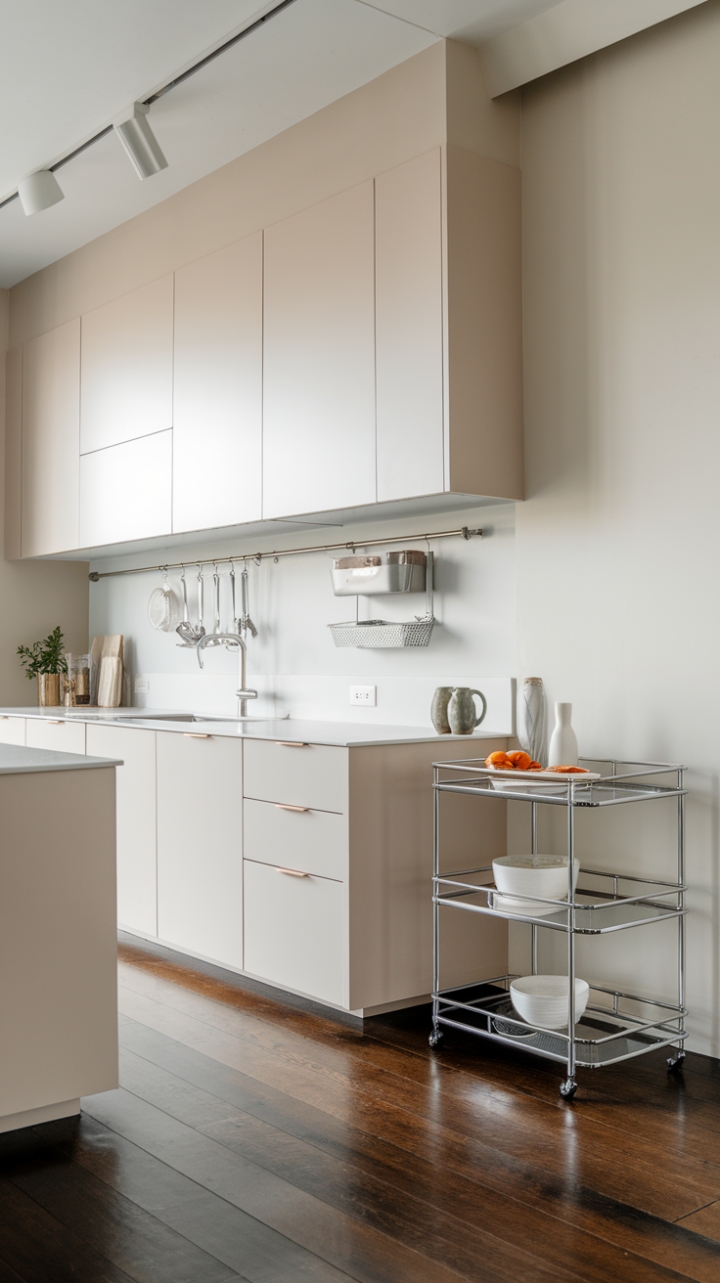 This contemporary kitchen embodies the essence of minimalist design, where sleek cabinetry and a pristine white palette create an inviting atmosphere. The dark hardwood floor adds a striking contrast, grounding the space with warmth and sophistication. Chic kitchen organizers adorn the walls, showcasing a blend of functionality and style, while a modern kitchen cart near the sink serves as both a practical workspace and a statement piece, enhancing the kitchen's overall aesthetic.