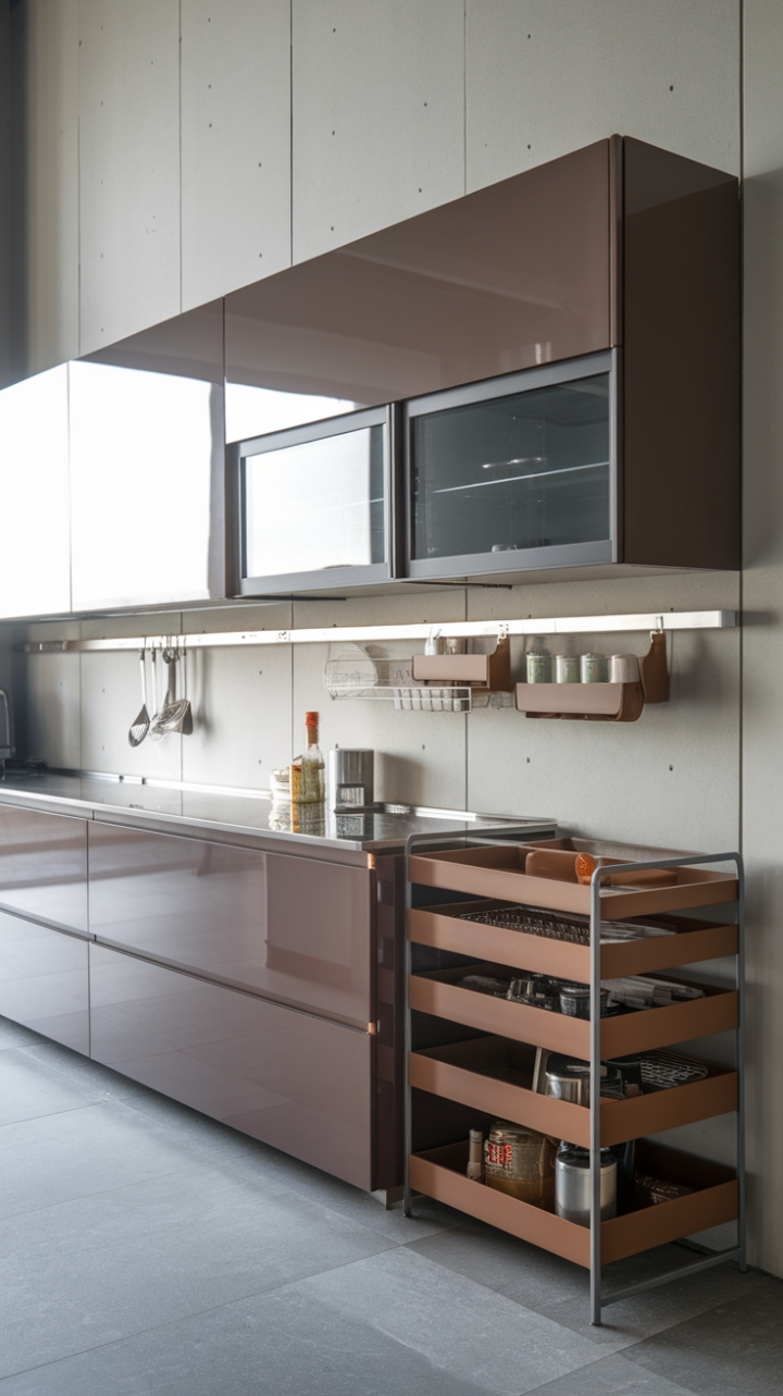 This contemporary kitchen embodies the essence of minimalist design, showcasing a sleek wall-mounted cabinet that combines functionality with modern aesthetics. The glossy finish of the cabinetry reflects light, enhancing the airy feel of the space, while the chic kitchen organizer below offers a stylish solution for keeping essentials neatly arranged. The cool grey tiles underfoot provide a sophisticated contrast, grounding the room in a palette that is both calming and chic, while the subtle backdrop of a wall with a few screws adds an industrial touch, making this kitchen a perfect blend of elegance and practicality.