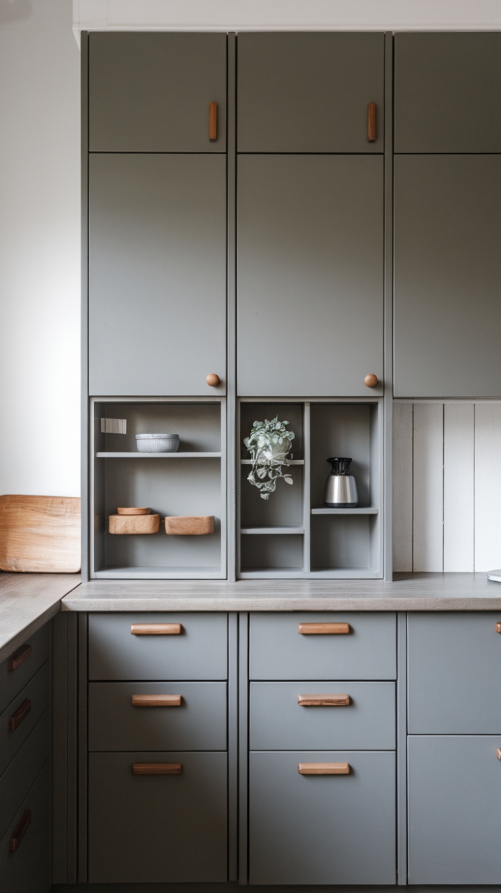 A stunning example of Scandinavian minimalism, this contemporary kitchen showcases dark grey cabinetry that exudes sophistication with its clean lines and subtle decorative touches. The wooden handles on the drawers provide a warm contrast, while a small plant breathes life into the space. Set against a crisp white wall and a beautifully crafted wooden countertop, this kitchen is a perfect fusion of modern design and functional elegance, inviting you to enjoy both cooking and aesthetics in perfect harmony.