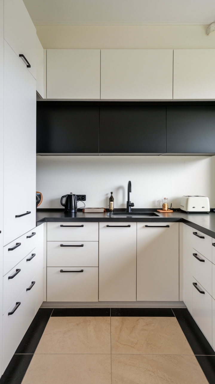 A study in contrasts, this minimalist kitchen marries clean lines and bold accents. White cabinets, punctuated by sleek black hardware, create a backdrop for a striking black countertop, where a curated collection of appliances adds a touch of personality. The strategic placement of cabinetry maximizes space and functionality, while the subtle textural play of the floor tiles adds depth and visual interest to this impeccably designed space.