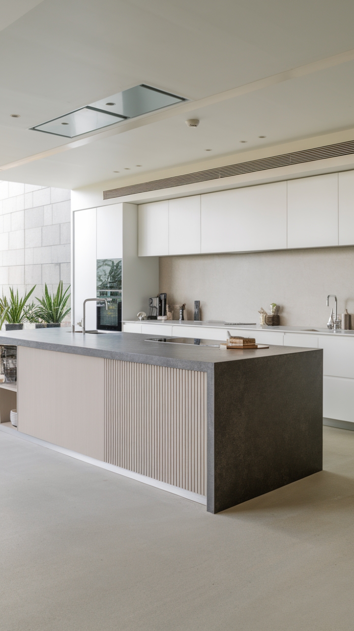 In this stunning contemporary kitchen, minimalist elegance takes center stage with a large island featuring a dark grey countertop that contrasts beautifully against the soft light grey cabinetry. The seamless integration of white cabinets and a light grey backsplash creates a bright and inviting atmosphere, while the light grey concrete flooring adds a modern touch. Potted plants near the window breathe life into the space, making it not just a kitchen, but a serene retreat for culinary creativity.