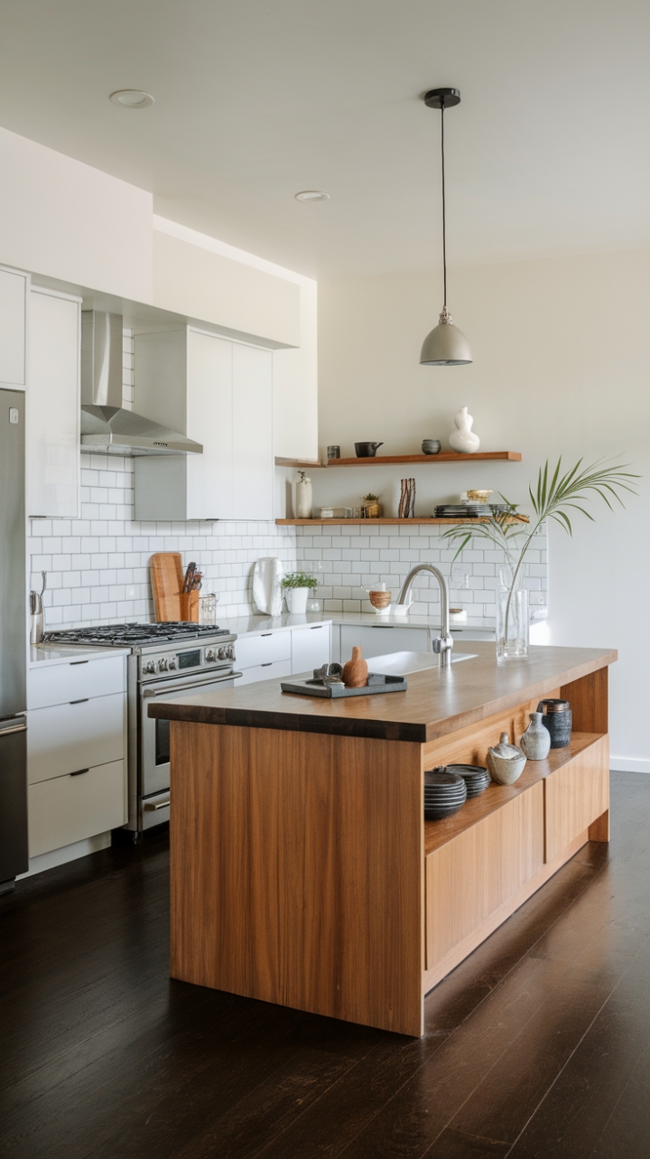 In this stunning contemporary kitchen, the open-concept layout harmonizes style and functionality, showcasing a minimalist aesthetic that feels both modern and inviting. The wooden kitchen island, adorned with a carefully curated selection of decor-a vibrant plant, an elegant vase, and a striking accent piece-serves as a perfect gathering spot. Bright white walls and cabinets enhance the spaciousness, while the dark wood flooring adds depth and warmth. A sleek pendant light suspended above the island not only illuminates the space but also serves as a striking design element, making this kitchen a true centerpiece of the home.