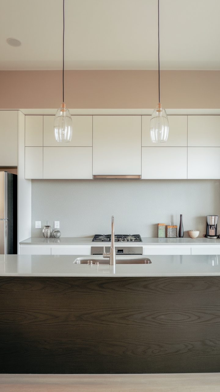 This contemporary minimalist kitchen exudes sophistication with its harmonious blend of light grey and white cabinetry, complemented by striking black countertops that add depth and contrast. The centerpiece, a sleek kitchen island featuring a rich dark wood finish and a pristine white countertop, invites both culinary creativity and casual gatherings. Pendant lights gracefully illuminate the space, casting a warm glow over the functional workspace equipped with a sink, stove, and refrigerator. Soft beige walls provide a serene backdrop, enhancing the kitchen's airy ambiance and making it a perfect retreat for both cooking and entertaining.