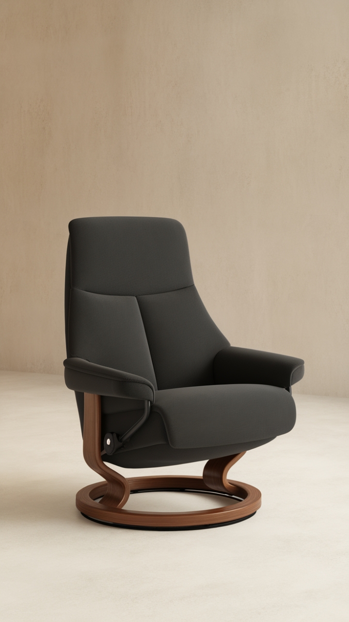 In a serene minimalist setting, this sleek contemporary recliner commands attention with its elegant, ergonomic design. Draped in a rich dark grey fabric, the chair features a gracefully curved backrest that invites relaxation, while its sturdy wooden base adds a touch of warmth and sophistication. The soft lighting casts a gentle glow against the beige wall, creating a tranquil atmosphere that highlights the chair's modern aesthetic and makes it a perfect focal point for any chic living space.