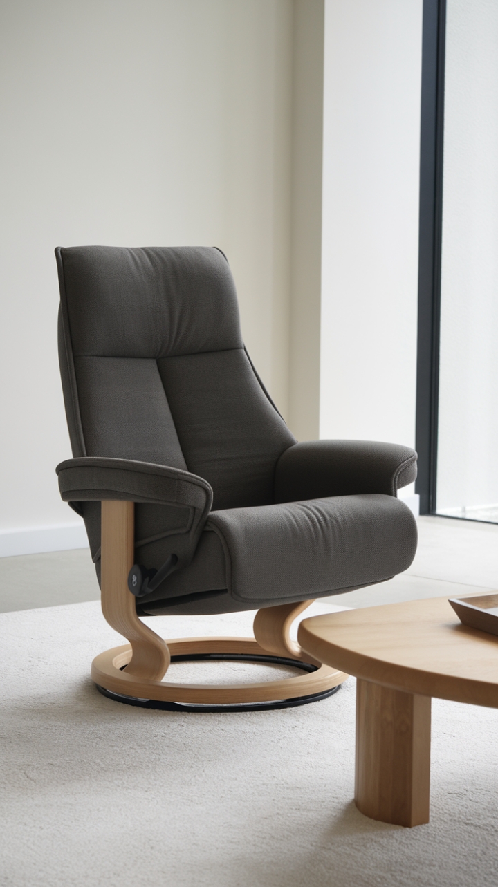 Modern living redefined. This dark grey ergonomic recliner offers unparalleled comfort and style. Its minimalist design seamlessly integrates into any contemporary space, creating a haven of relaxation. The adjustable backrest and plush fabric promise hours of blissful unwinding, while the clean lines and sophisticated aesthetic elevate your interior design.