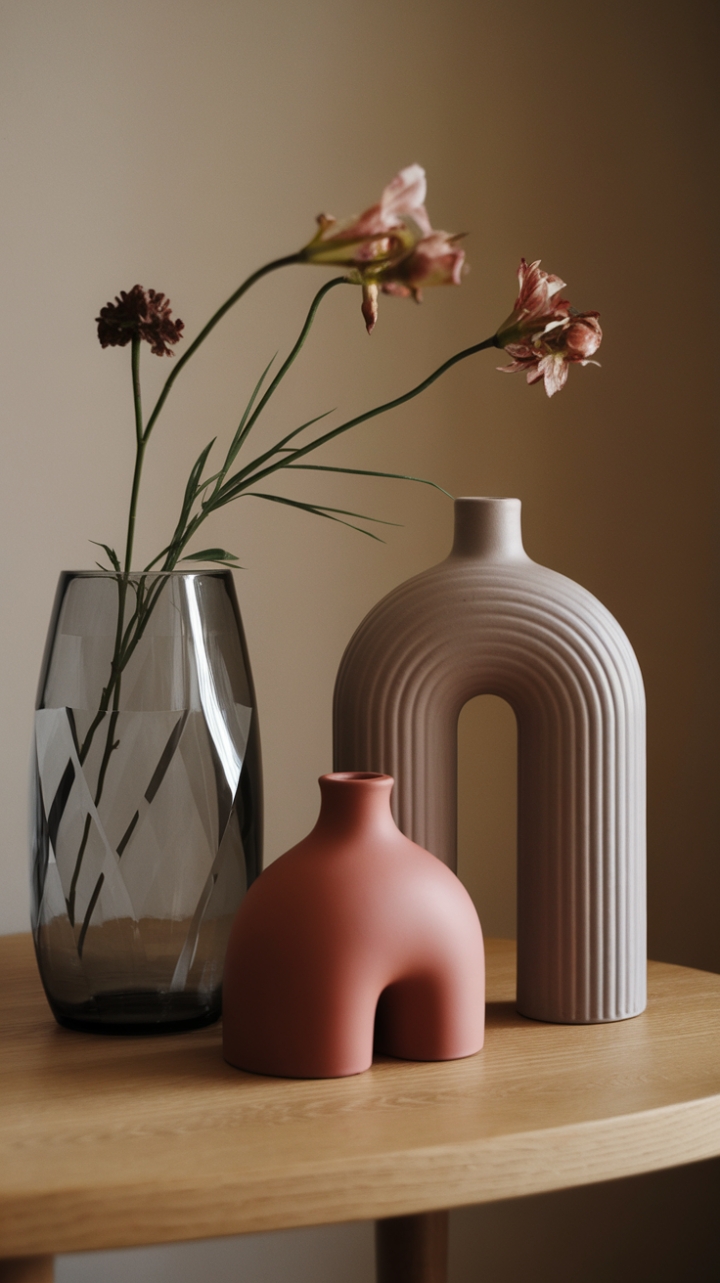 Sculptural forms meet organic beauty in this modern living room vignette. A trio of designer vases-geometric, curvaceous, and cylindrical-hold a delicate bouquet, their contrasting shapes creating a captivating display against the warm backdrop of a neutral wall. The subtle interplay of textures and lines adds a touch of understated elegance.